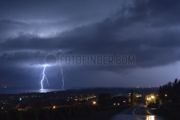 Lightning on Lake Geneva at the front of a storm
