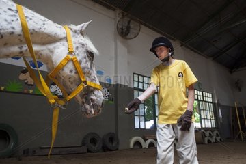 Child feeding a horse in a horse therapy center - Argentina