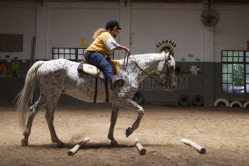 Paraplegic woman on horse in a horse therapy center
