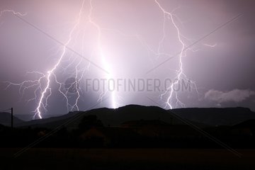 Triple branched lightning strike on Monts d'Ardèche France