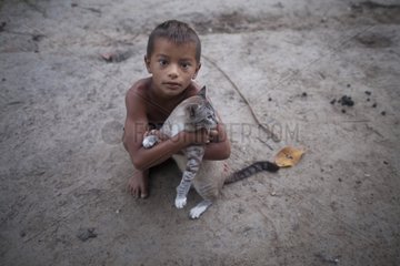 Boy playing with a cat - Amapa Brazil Amazon
