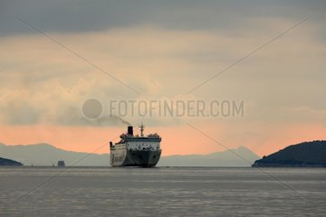 Ferry arriving at dusk to Igoumenitsa Ionian Sea Greece