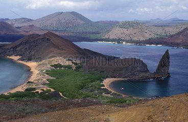 Volcanic landscape Pinnacle Rock Bartolome Island Galapagos