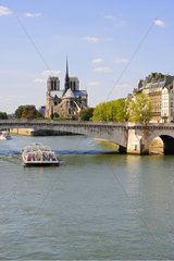 Notre-Dame and river boat on the Seine river in Paris