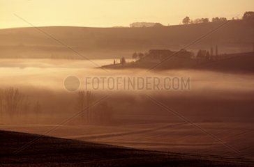 Ferme de Gascogne émergeant du brouillard Gers