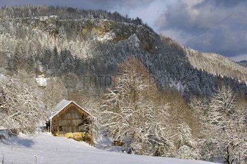 Farm under snow with the top of the gorges of Doubs