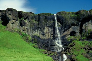 Cascade throwing itself along a volcanic cliff Iceland