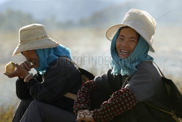 Pause während der Ernte von Reis in Moso Yunnan