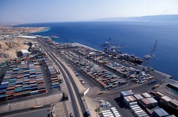 Air shot of the containers at Aqaba harbour Jordan