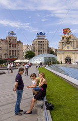 Independence Square in park of city life in Center City with people relaxing downtown in exciting Kiev Ukraine