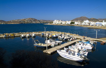 Beautiful island of Paros Greece in Greek Islands and beautiful boats in harbour of Parikia of Paros