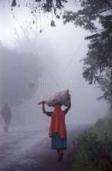 Kilimanjaro  a woman carrying a sack on her head