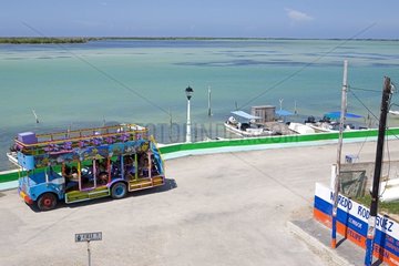Coloured minibus on the pier of a lacuna Mexico