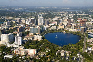 Aerial of Orlando Florida of new skyline and Lake Eola