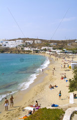 Beautiful curved beach called St Stefanos Beach in beautiful island of Mykonos Greece