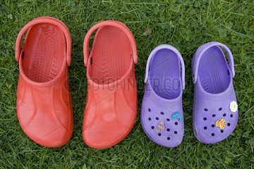 Two pairs of colourful Croc plastic sandals UK