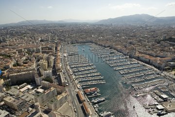 Air shot of old marina in Marseille France
