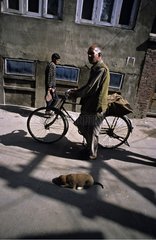 Mann Radfahren und Hund schlafen auf den Straßen Indien