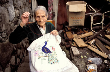 Mexico; an old woman showing her embroidery work  the image of a peacock on a white cloth  with litter at the background