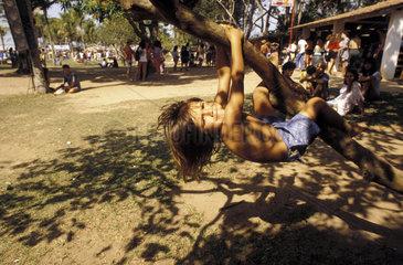 Middle class boy plays in the park  in the trees. Healthy child. Brazil.