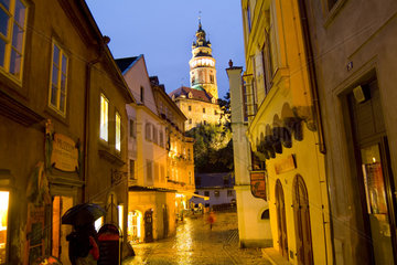 Beautiful night photograph of colorful town center and castle in Cesky Krumlov in Czech Republic