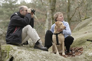 Walkers with their dog observing nature in forest France