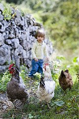 Girl watching chickens out of the yard France