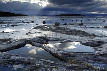 Digged rock shore of the Ofotfjorden fjord Norway