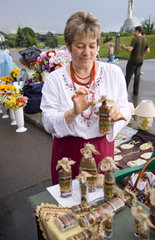 Shopping in markets of traditional old antiques at festival in Kiev Ukraine