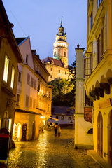 Beautiful night photograph of colorful town center and castle in Cesky Krumlov in Czech Republic