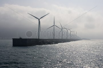 Giant wind turbines on breakwater at Bilbao harbour Spain