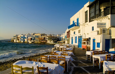 Beautiful island of Mykonos Greece and restaurants in the famous area called Little Venice