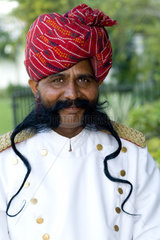 Doorman with great moustache and smile at Park Plaza Hotel in Jaipur Rajasthan India
