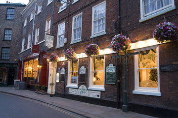 Outside of old restaurant called Michaels Brasserie on Petergate Street in York England