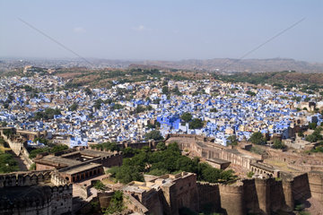 Beautiful BLUE CITY of Jodhpur showing all blue buildings taken from Fort Mehrangarh in Rajasthan India