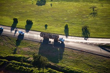 Transportation of sugarcane from the fields to the mill for production of ethanol and sugar. Ribeirao Preto region  Brazil.