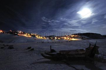 Moonlight on the village of Ittoqqortoormiit Greenland