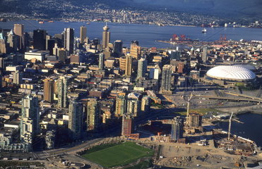 Aerial of beautiful harbour and city of Vancouver British Columbia Canada