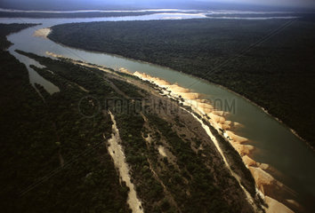 Banks of the Araguaia river  sand slopes ( fluvial beach  river beach )  at Ilha do Bananal ( Bananal island )  the worlds largest fluvial island  Amazon rainforest  Brazil.