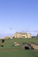 Famous 18th Hole and fairway at Swilken Bridge Golf at World Famous St Andrews Old Course in St Andrews Scotland