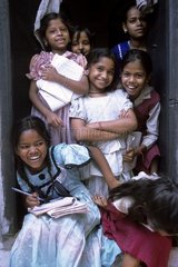 Young girls in front of their school Varanasi India