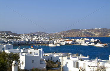 Beautiful island of Mykonos Greece central city from above with white buildings