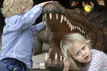 Gran Canaria  children playing with a stuffed crocodile in a restaurant in Puerto de Mogan