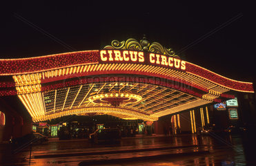 Gambling at the Circus Circus Hotel in the desert exciting Las Vegas Nevada at night with all the neon lights and energy in the USA