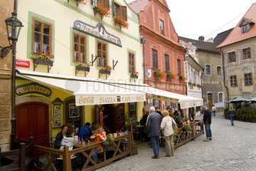 Beautiful town center square shops and architecture in Cesky Krumlov in Czech Republic