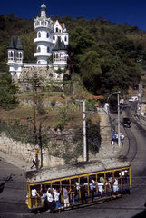 Santa Teresa neighborhood  streetcar as urban trasportation and castle  Rio de Janeiro  Brazil.