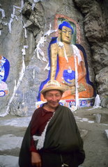 Painting artwork of Buddha on the Rock at Sakyamuni in capital city of Lhasa Tibet China