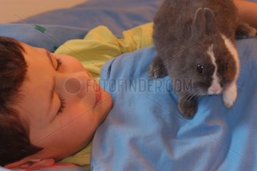 Schläfriges Kind in seinem Bett mit seinem grauen Kaninchen