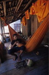 Kambodschanischer Teenager in einer HÃ¤ngematten- und Katzenkambodscha