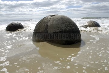 Hemispheric rocks on a beach of the Otago New Zealand